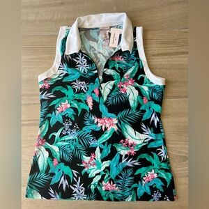 Tommy Bahama Black Tropical Zip Sleeveless Polo with Teal & Pink Floral Print